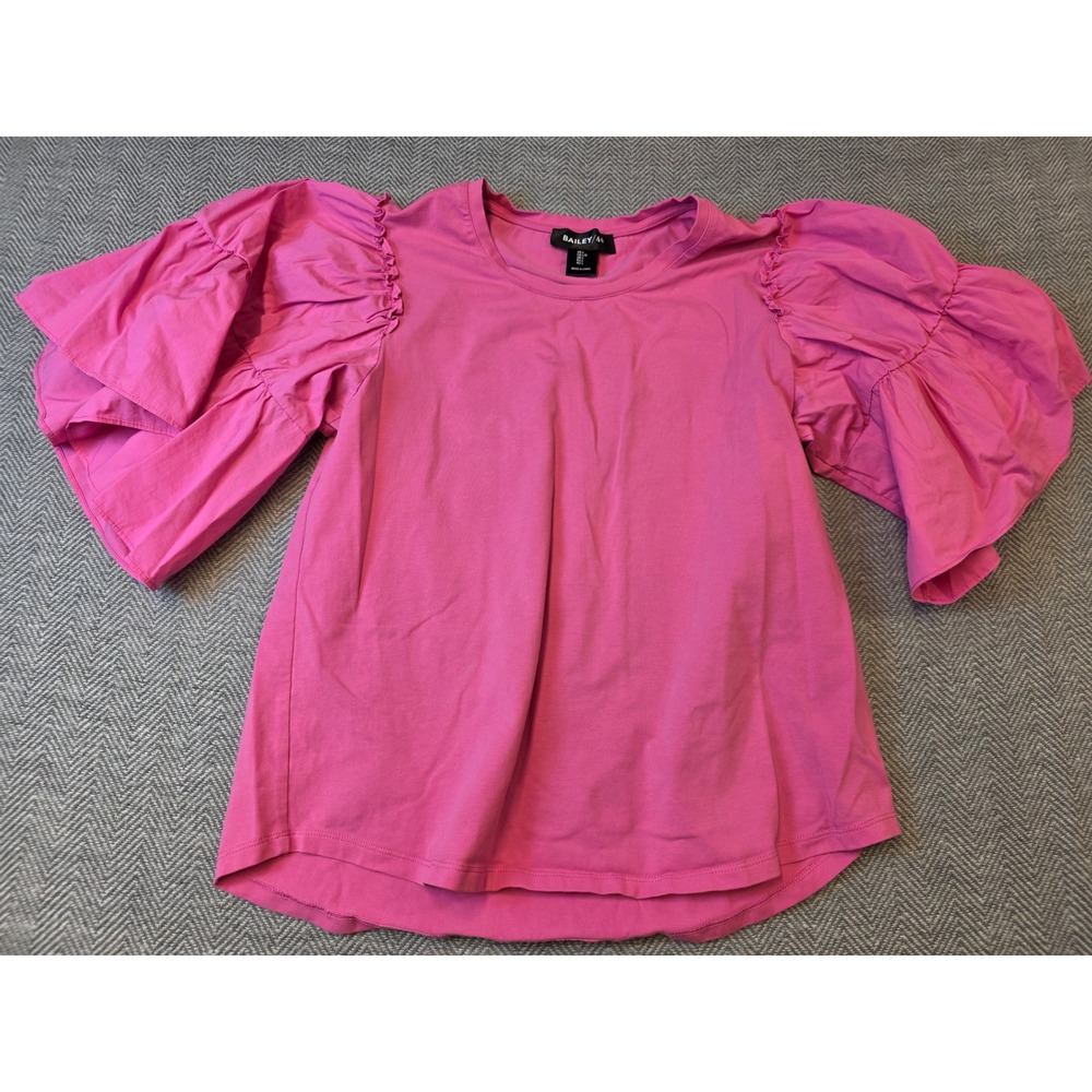 Bailey 44 Blouse Top Women's Large Pink Tiered Ruffle Puff Sleeve Crew Neck